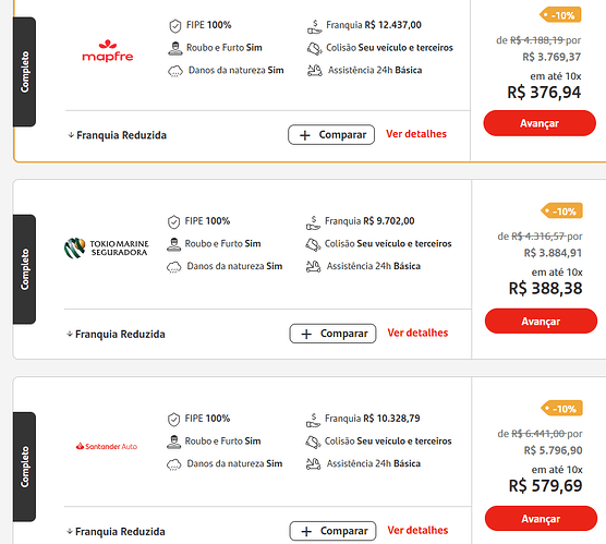 Exemplo de comparação de seguro do ORA 5 com Mapfre, Tokio Marine e Santander