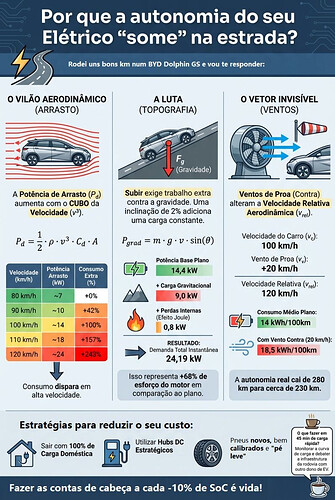 Infográfico sobre arrasto aerodinâmico, topografia e vento na autonomia de carros elétricos